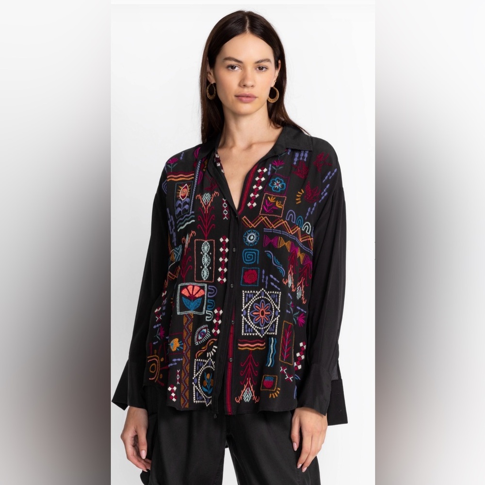 Johnny Was Black Button-Down Shirt with Multicolor Embroidered Motifs